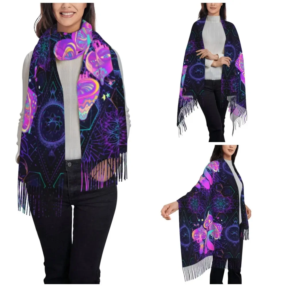 Psychedelic Abstract Shrooms Rave Pashmina with Tassel - Image 2