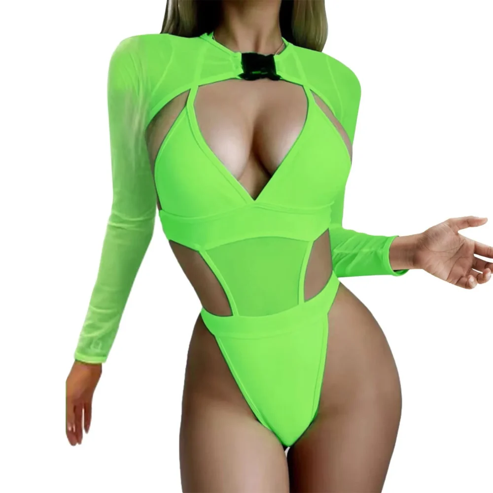 Women 2 Piece Rave Outfits Halter Bodysuit Long Sleeve Mesh