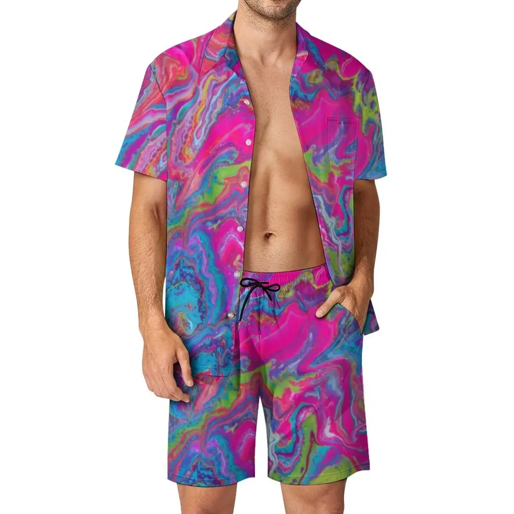 Mens Casual Psychedelic Modern  Rave Shirt & Short Set