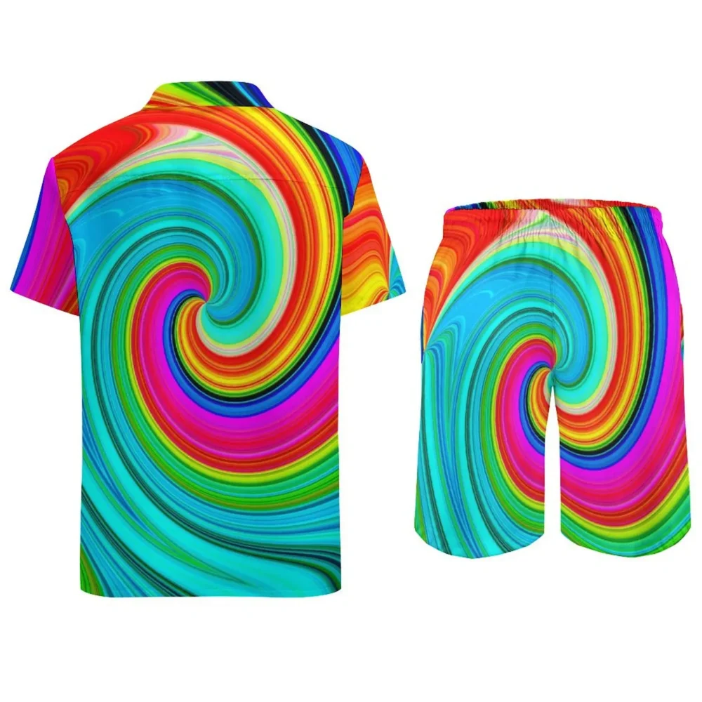 Mens Retro Rainbow Psychedelic Swirls Casual Rave Short & Shirt Set - Image 3