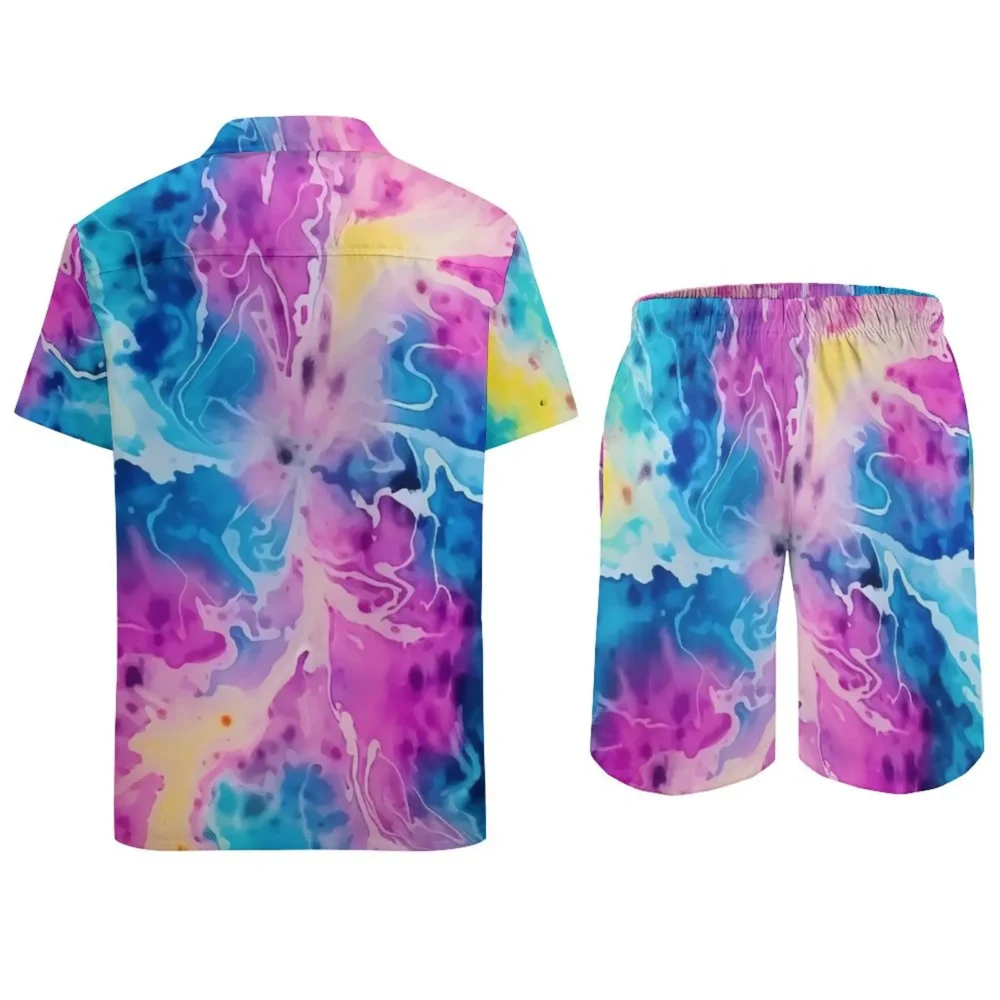 Mens Watercolor Tie Dye Psychedelic Casual Short & Shirt Set - Image 3