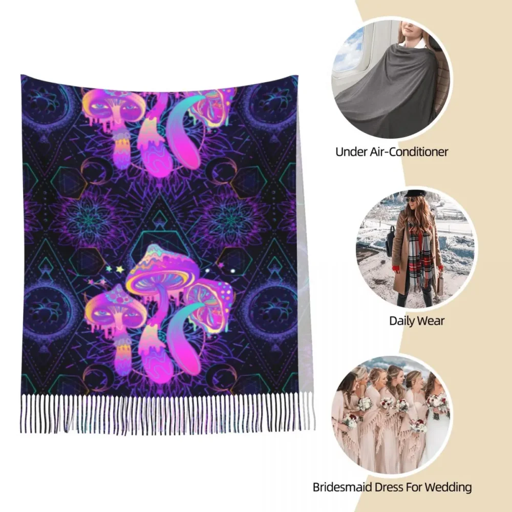 Psychedelic Abstract Shrooms Rave Pashmina with Tassel - Image 4