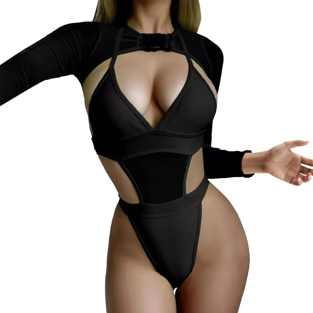 Women 2 Piece Rave Outfits Halter Bodysuit Long Sleeve Mesh - Image 2