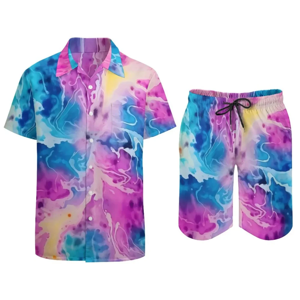 Mens Watercolor Tie Dye Psychedelic Casual Short & Shirt Set - Image 2