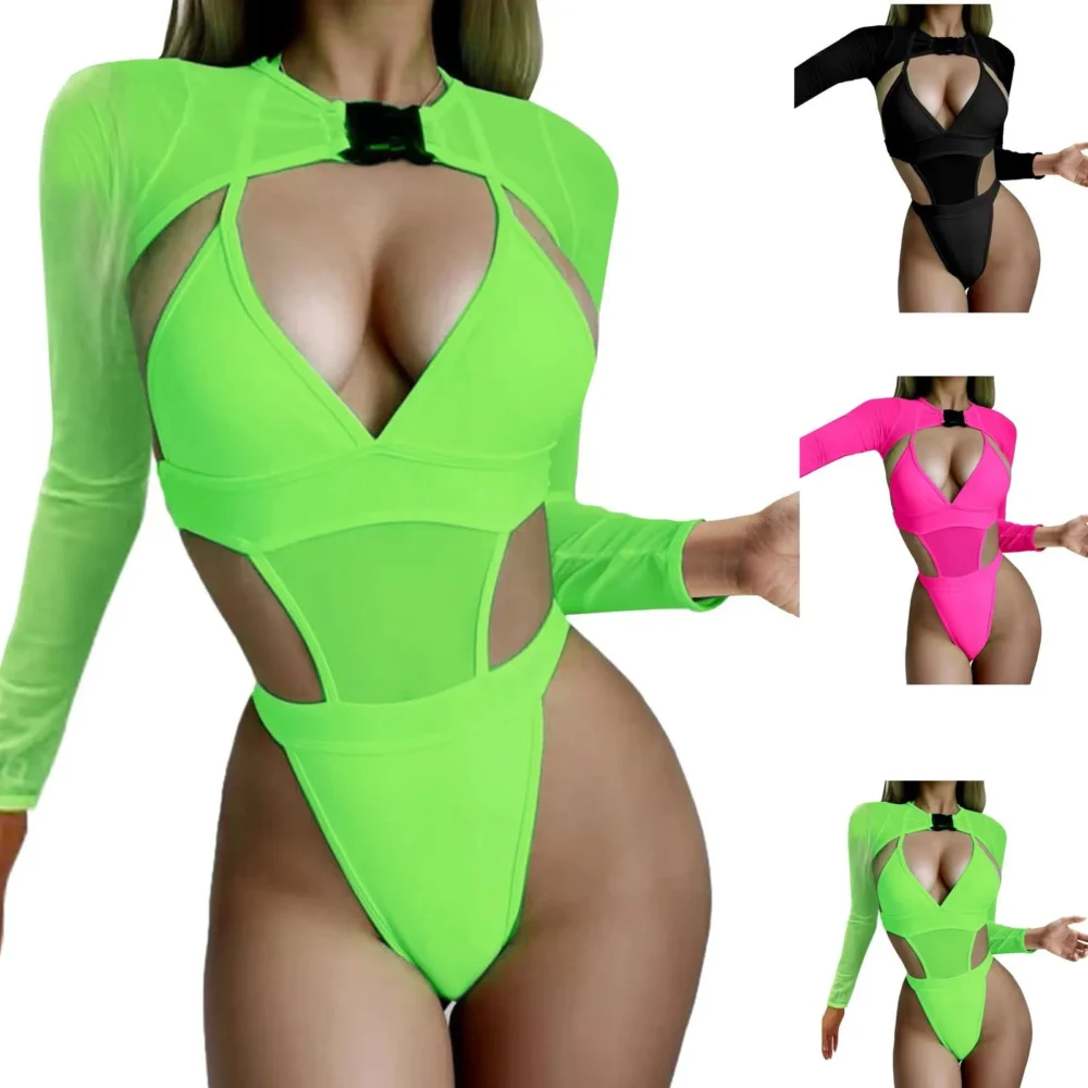 Women 2 Piece Rave Outfits Halter Bodysuit Long Sleeve Mesh - Image 4