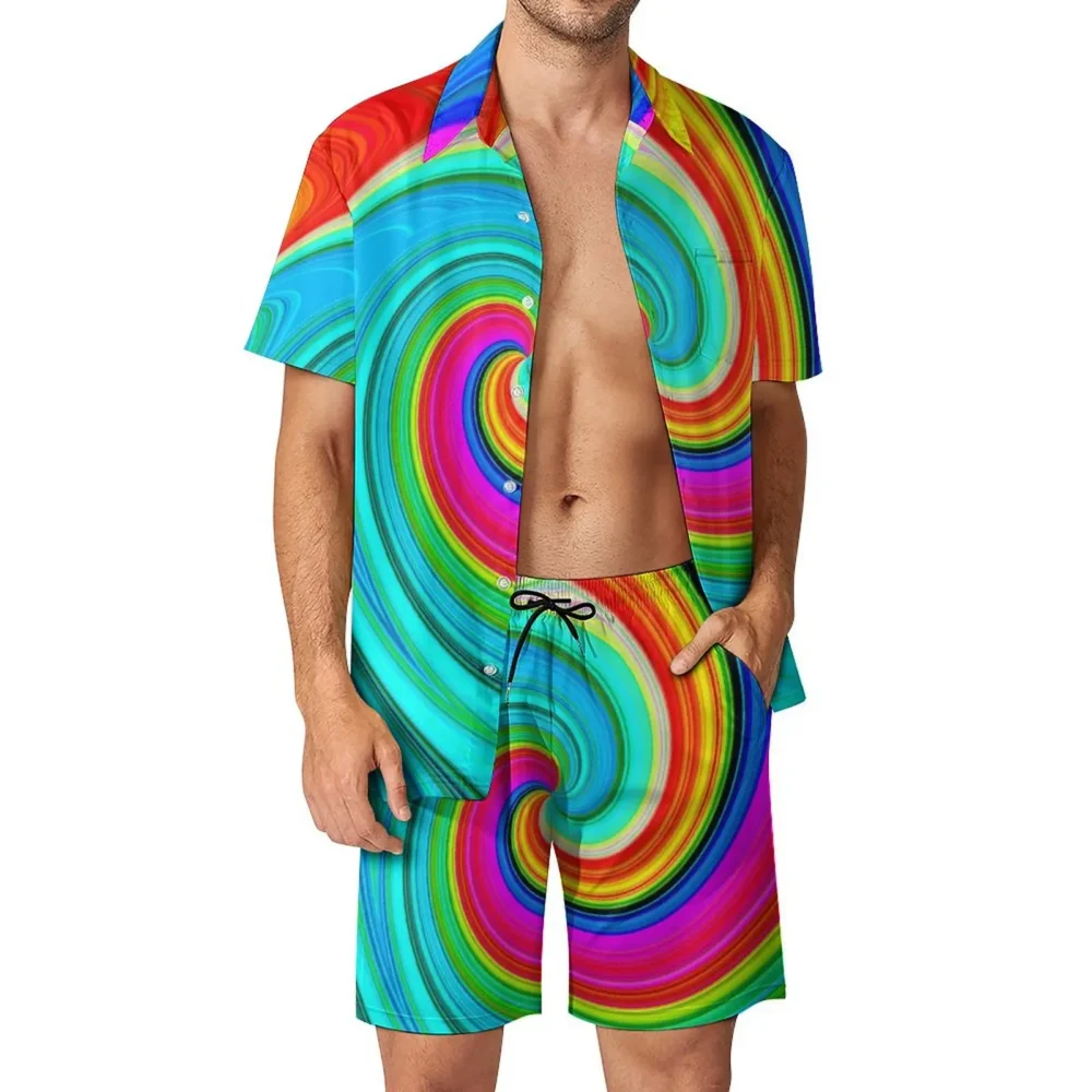 Mens Retro Rainbow Psychedelic Swirls Casual Rave Short & Shirt Set