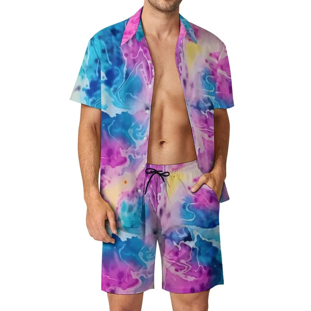 Mens Watercolor Tie Dye Psychedelic Casual Short & Shirt Set