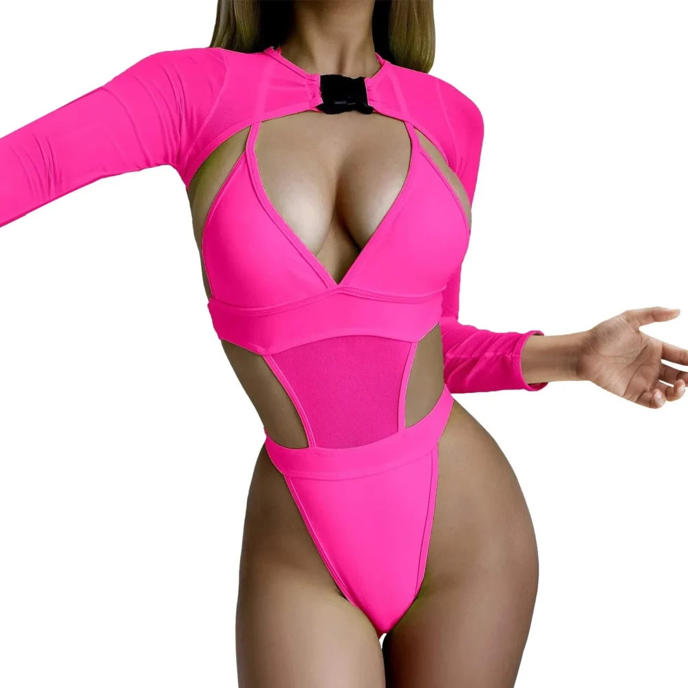 Women 2 Piece Rave Outfits Halter Bodysuit Long Sleeve Mesh - Image 3