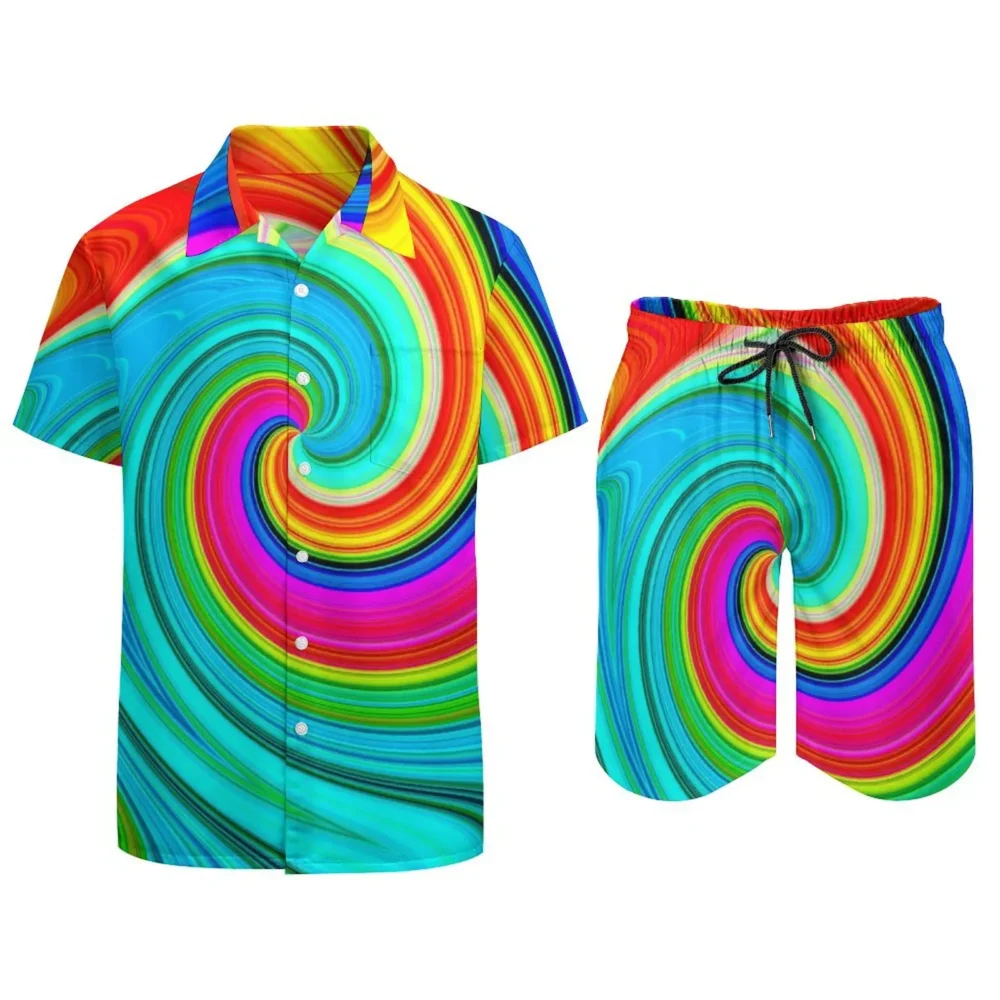 Mens Retro Rainbow Psychedelic Swirls Casual Rave Short & Shirt Set - Image 2