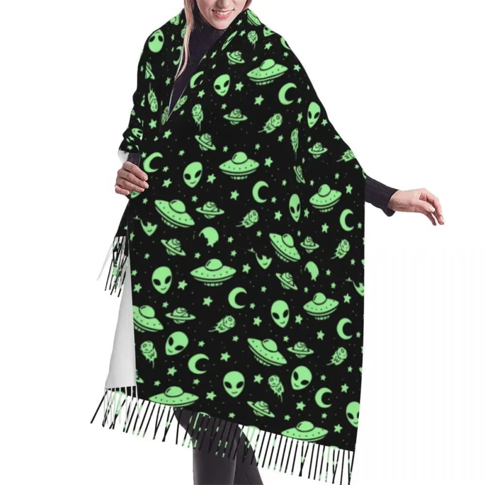 Green Alien UFO Cashmere Rave Pashmina w Tassels