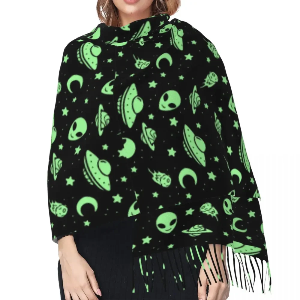 Green Alien UFO Cashmere Rave Pashmina w Tassels - Image 4