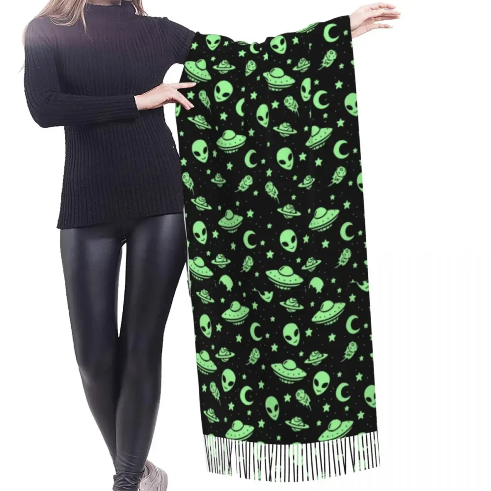 Green Alien UFO Cashmere Rave Pashmina w Tassels - Image 2