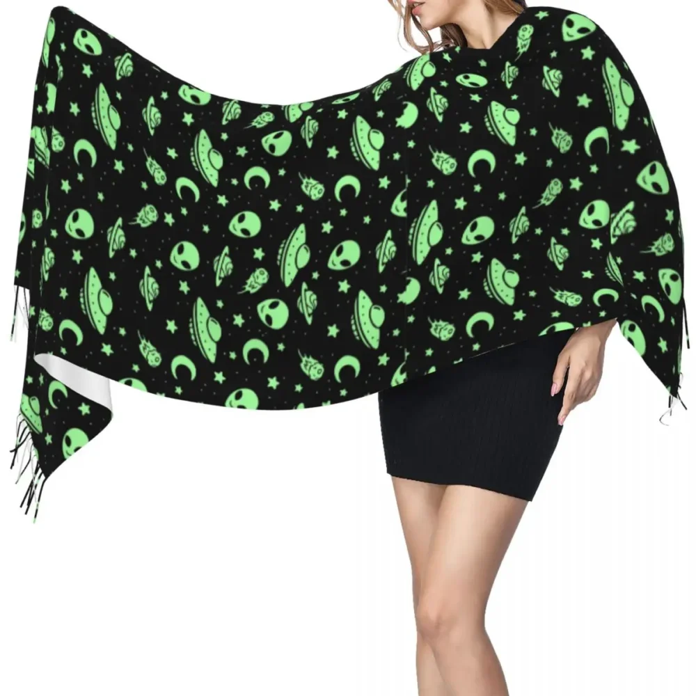 Green Alien UFO Cashmere Rave Pashmina w Tassels - Image 3